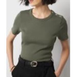 White House Black Market Ribbed Button Shoulder Sweater Olive Women's Sz Med